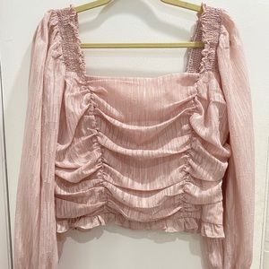 Lulus Blush Pink Square Neck Ruched Long Sleeve Crop Top NWT